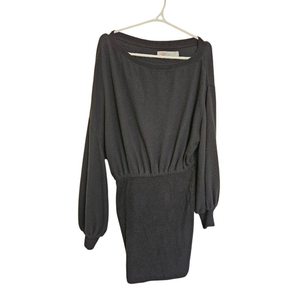 Free People Beach Black Smocked Waist Dolman Sleeve Sweater Knit Dress XS